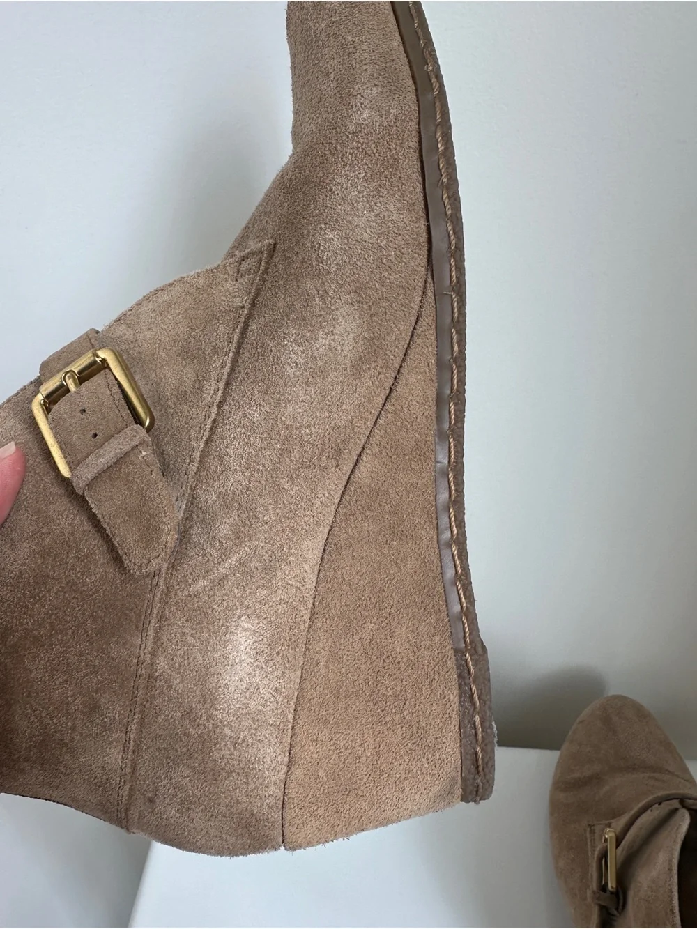 Franco Sarto Amerosa Buckle Wedge Bootie Tan Suede Size 9